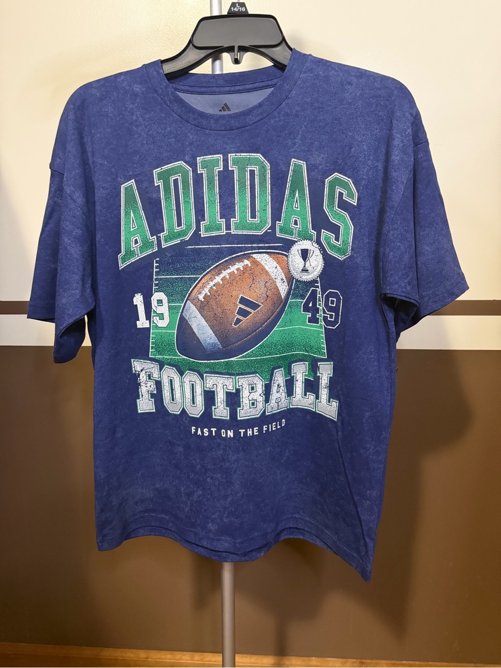 adidas Blue Short-Sleeve Football Graphic Tee with Green Lettering NWT